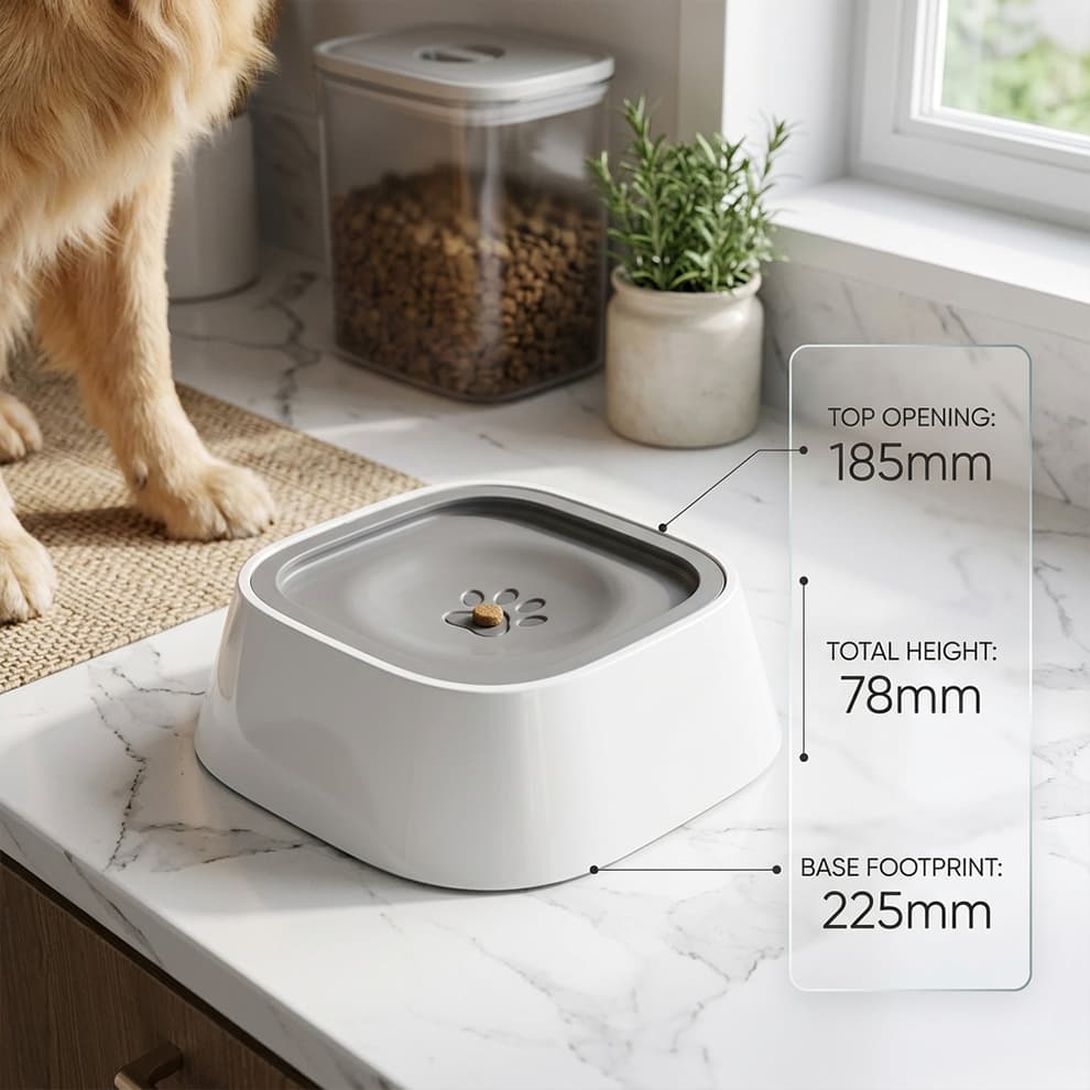 Large capacity dog water bowl size guide, highlighting a stable 225mm wide base to prevent tipping and an ergonomic 78mm height.