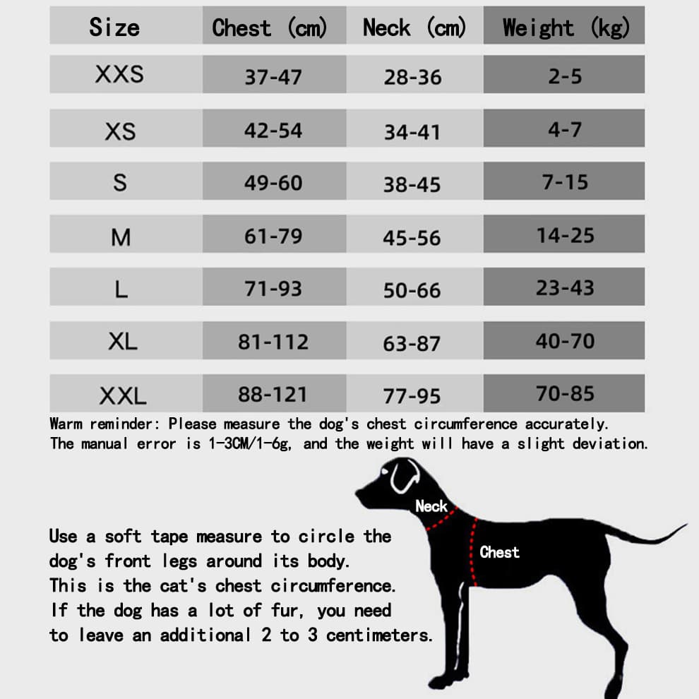 Large dog harness size chart with chest, neck, and weight measurements