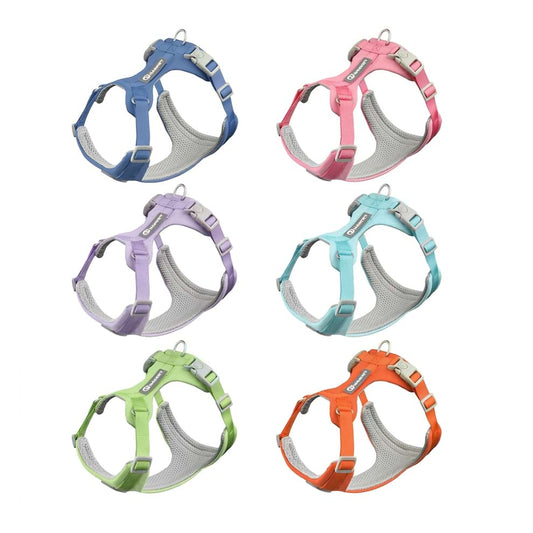 Macaron color dog harness options available in blue, pink, purple, light blue, green, and orange to perfectly match your pet's style.