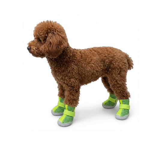 Grey Mesh Dog Boots with reflective straps, side view showing ventilated fabric texture.