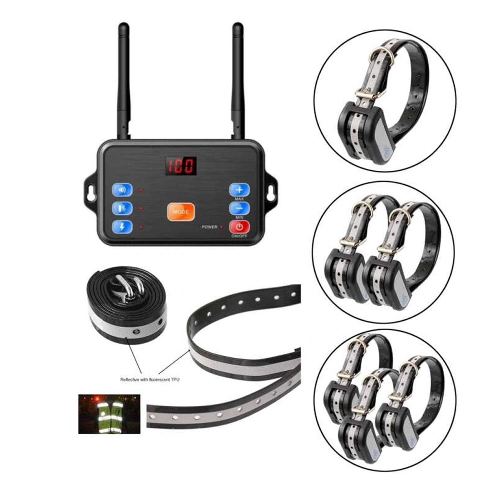 Wireless dog fence system with three training collars designed for multiple dogs