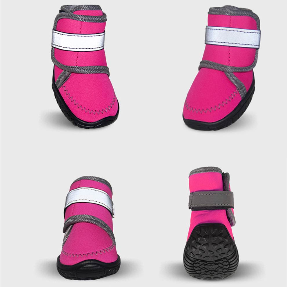 Rose Red High Top Dog Boots made from soft neoprene fabric, displaying the rugged anti-slip rubber sole and secure double strap design from multiple angles.