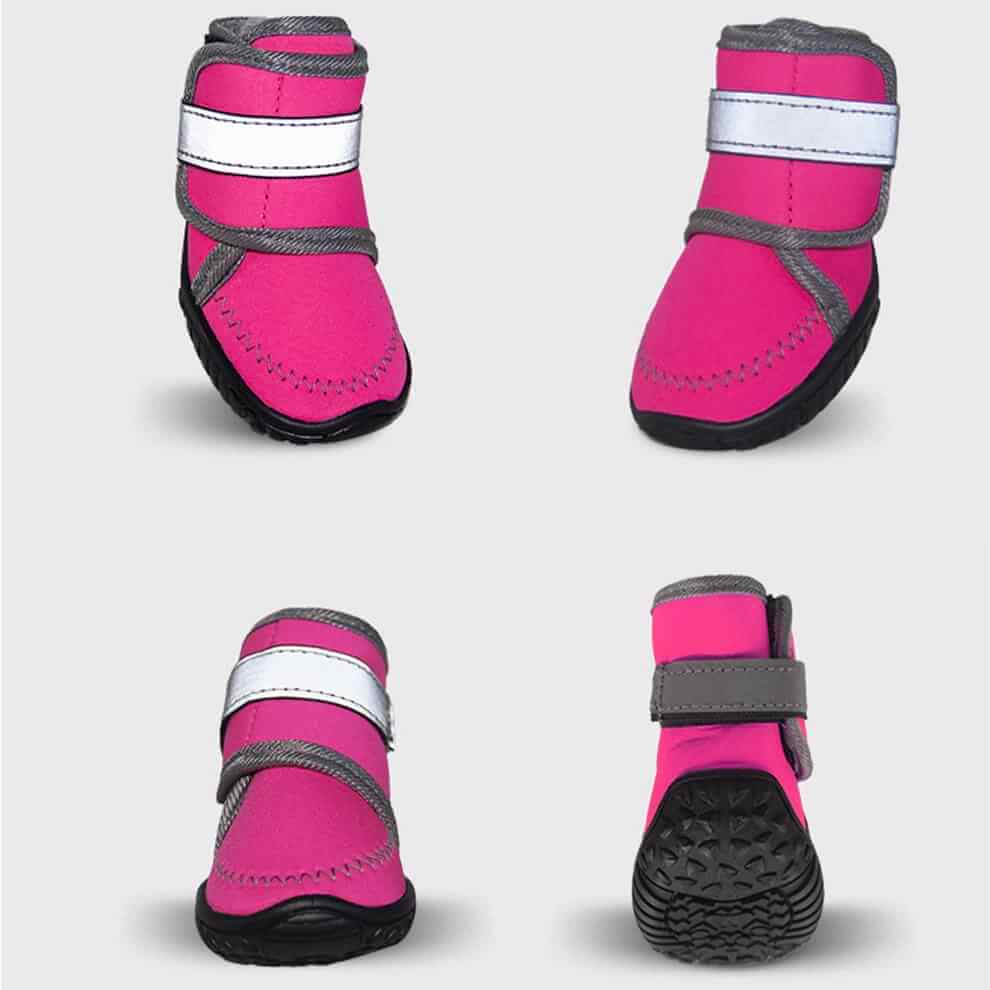 Rose Red High Top Dog Boots made from soft neoprene fabric, displaying the rugged anti-slip rubber sole and secure double strap design from multiple angles.