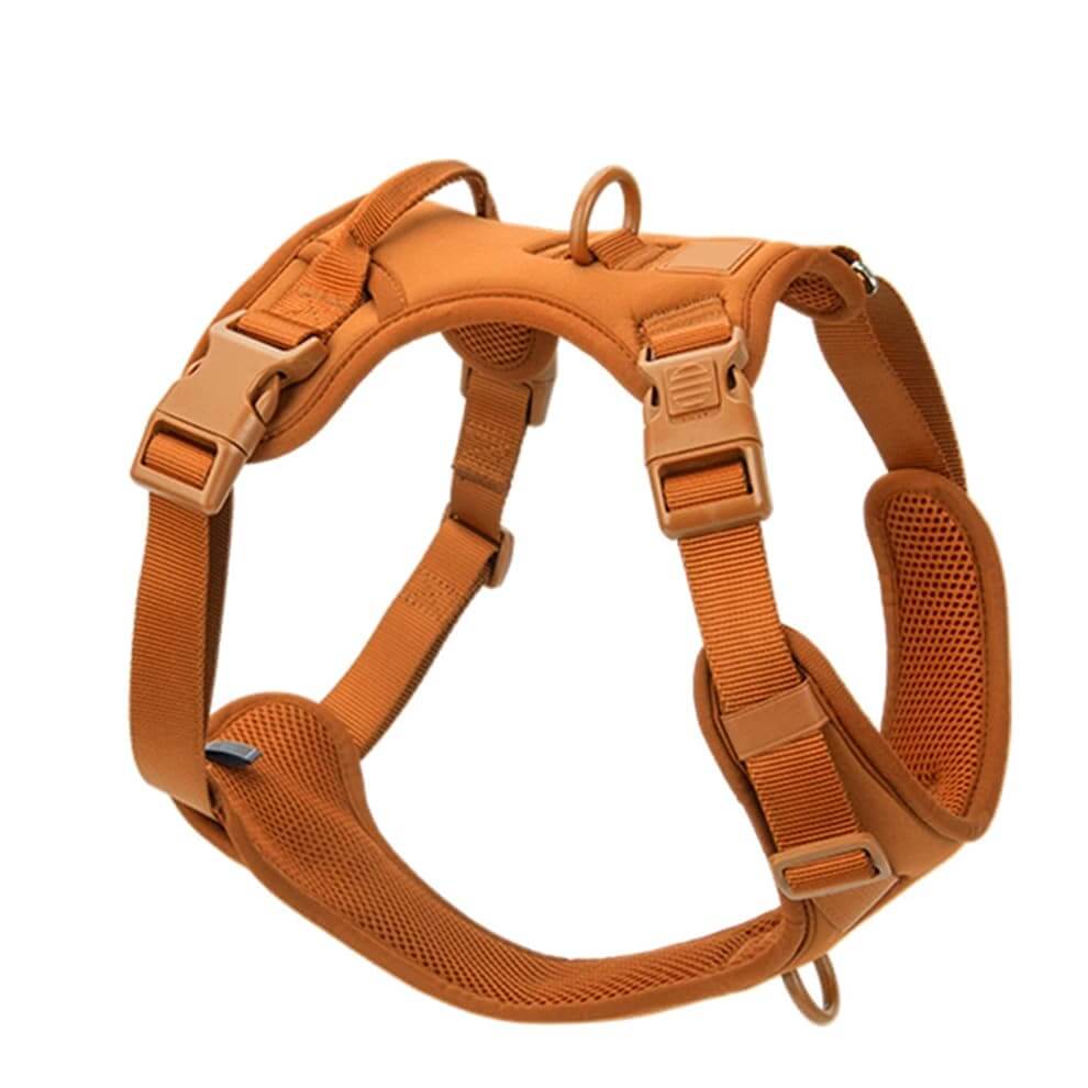 No pull dog harness in caramel brown tone featuring strong buckles and soft inner padding for stylish daily walks