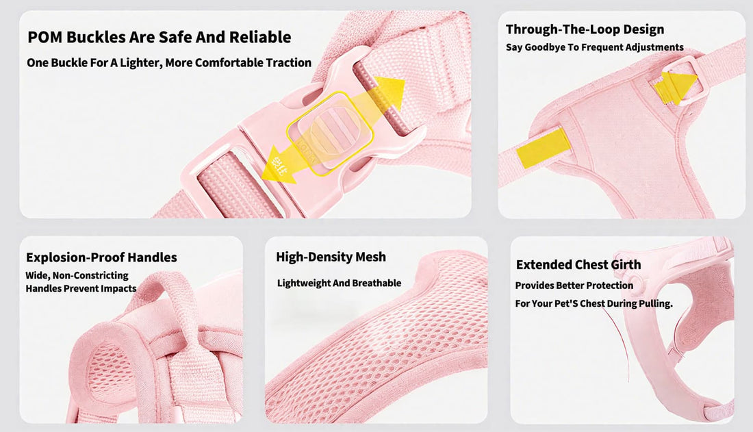 No pull dog harness cherry blossom pink model highlighting POM safety buckles, explosion-proof handle, and breathable high-density mesh