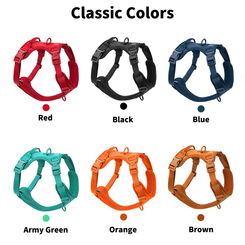 No pull dog harness in classic colors like red, black, blue, army green, orange, and brown