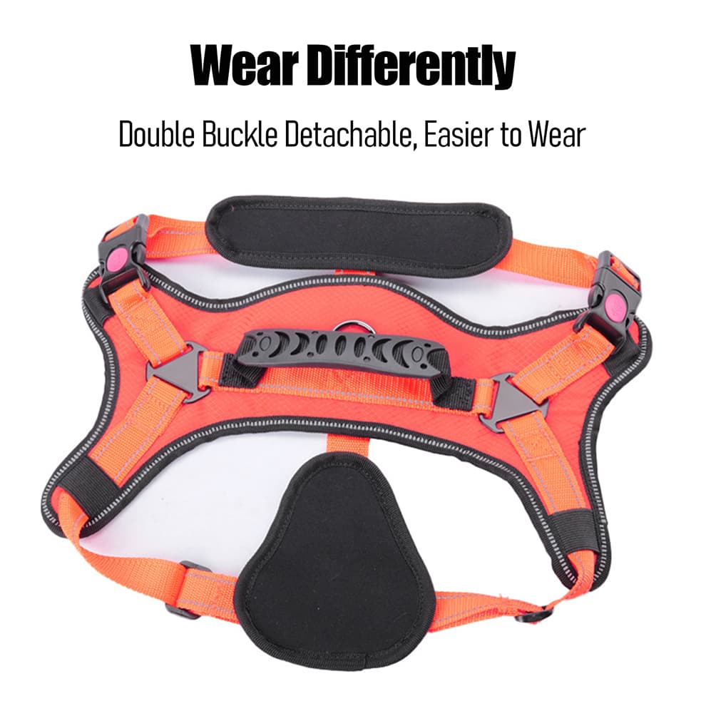 Heavy duty dog harness laid flat showing double buckles and padded handle