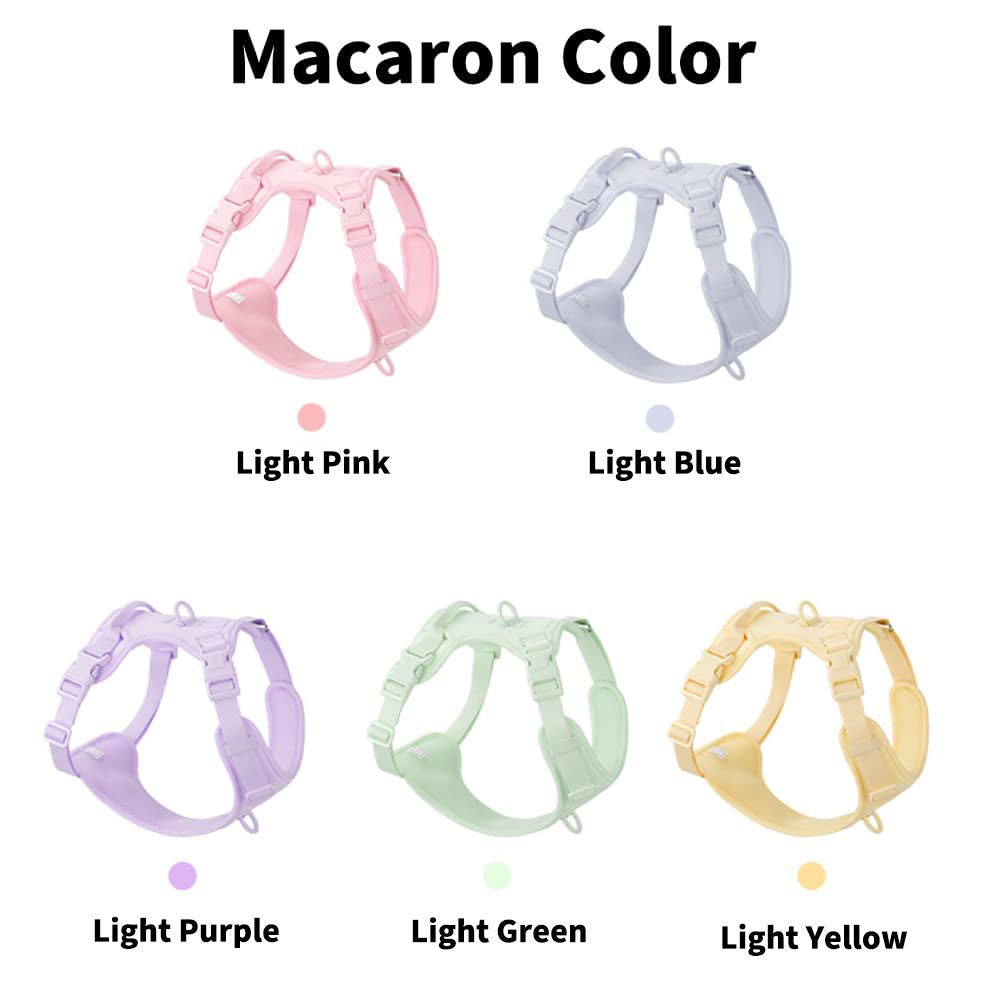 No pull dog harness macaron color collection including light pink, light blue, light purple, light green, and light yellow tones