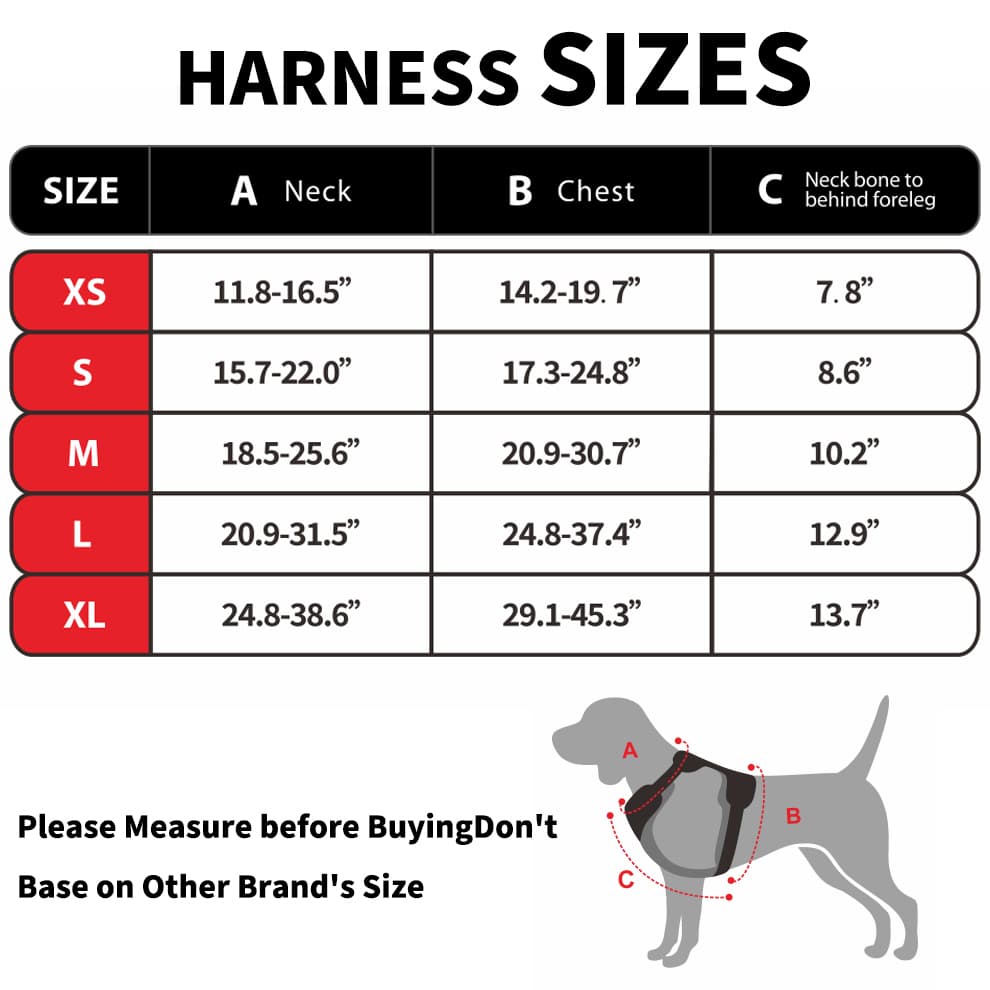 No pull dog harness size chart with neck, chest, and back measurements for XS to XL dogs