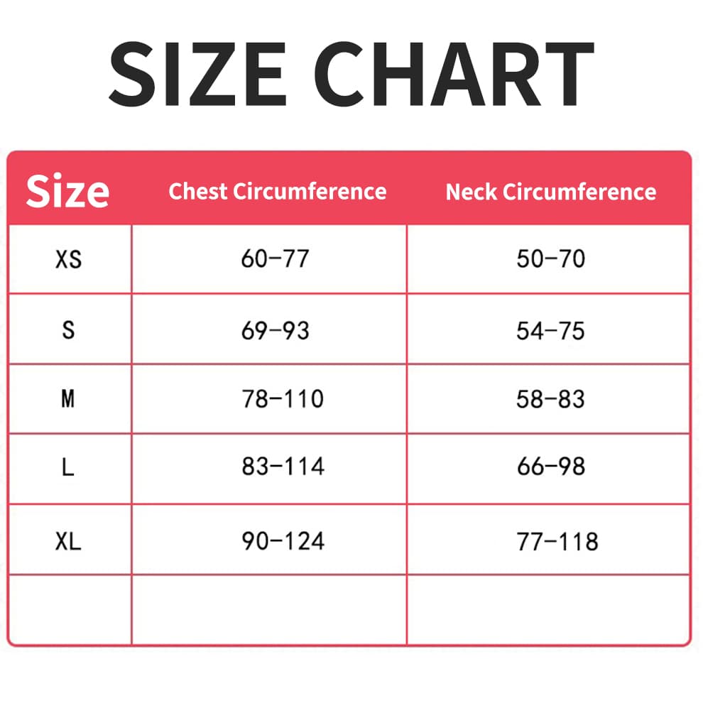 Dog harness size chart with chest and neck measurements from XS to XL