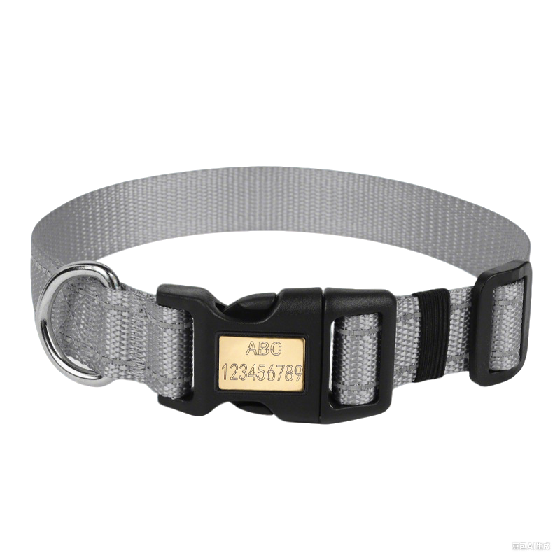 Nylon dog collar with engraved ID buckle and reflective stitching for safety