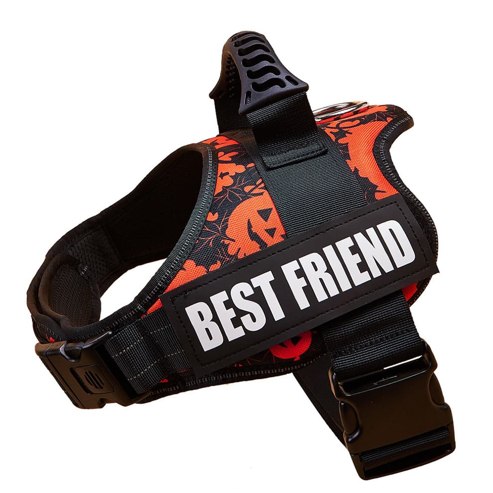 Orange pumpkin print large dog harness for halloween walks