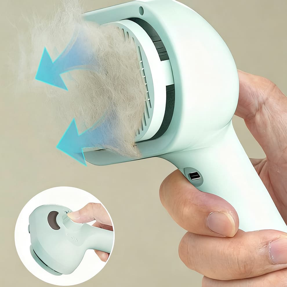 Pet grooming brush showing one-touch spray feature