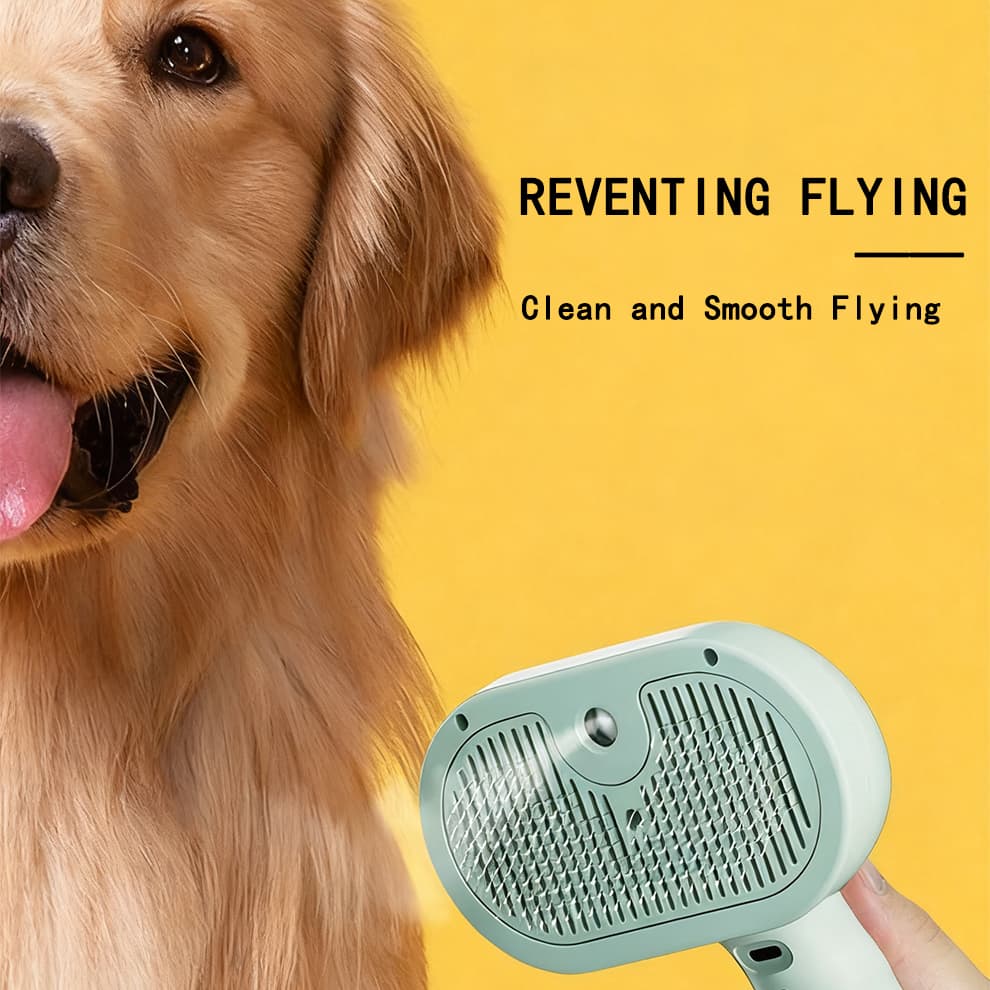 Pet grooming brush preventing flying hair during brushing