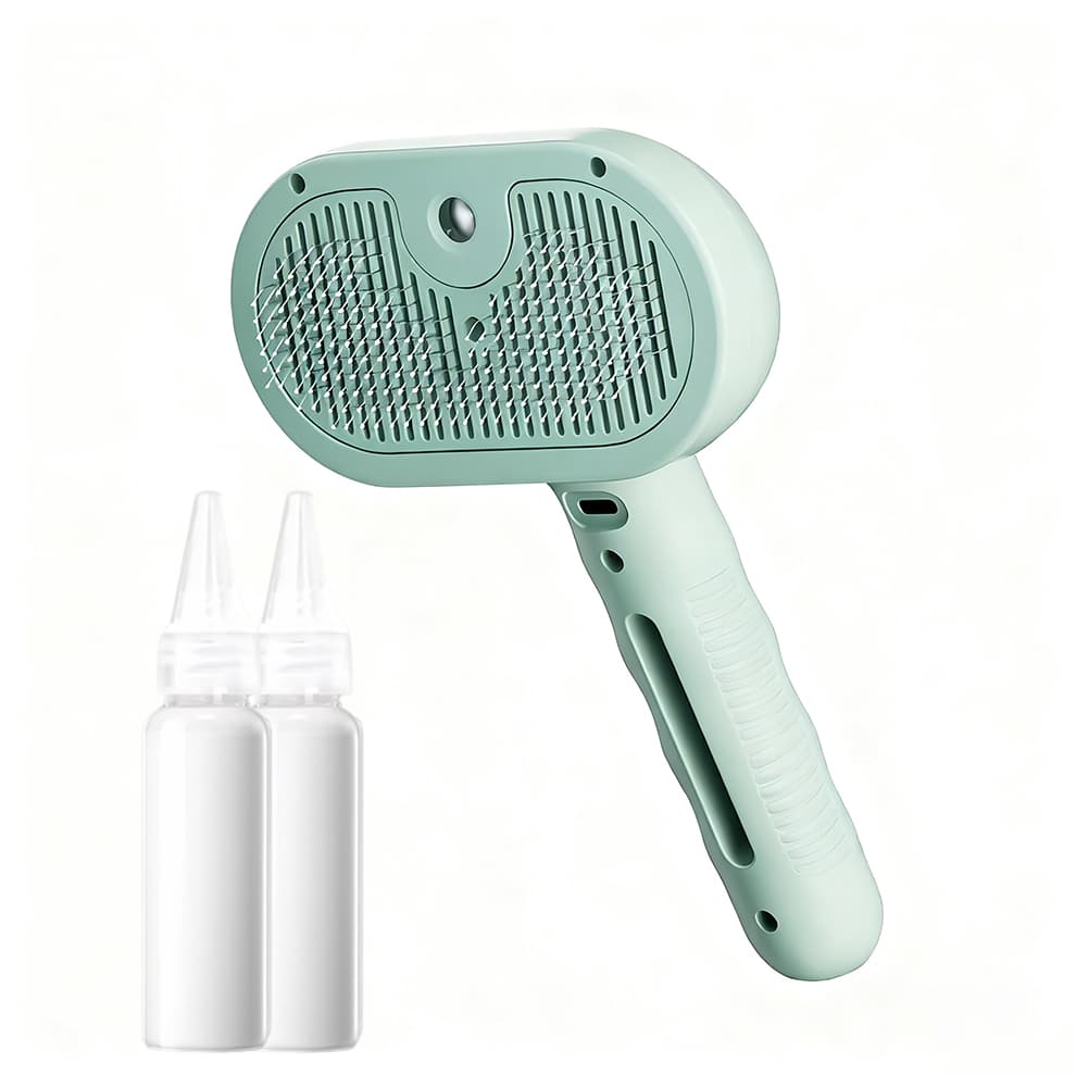 Green pet steam brush with two bottles of cleaning fluid