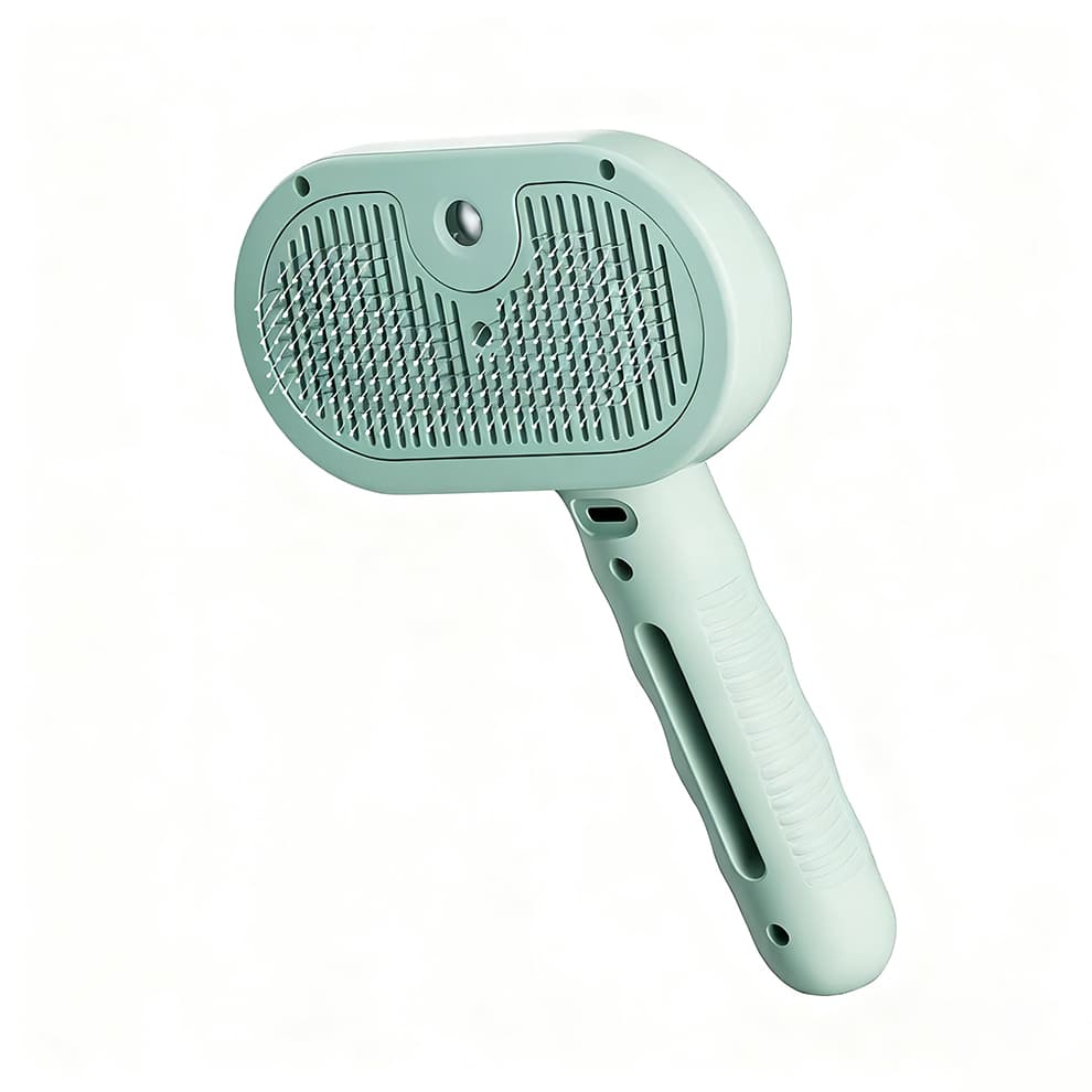 Green pet steam brush for grooming and fur care