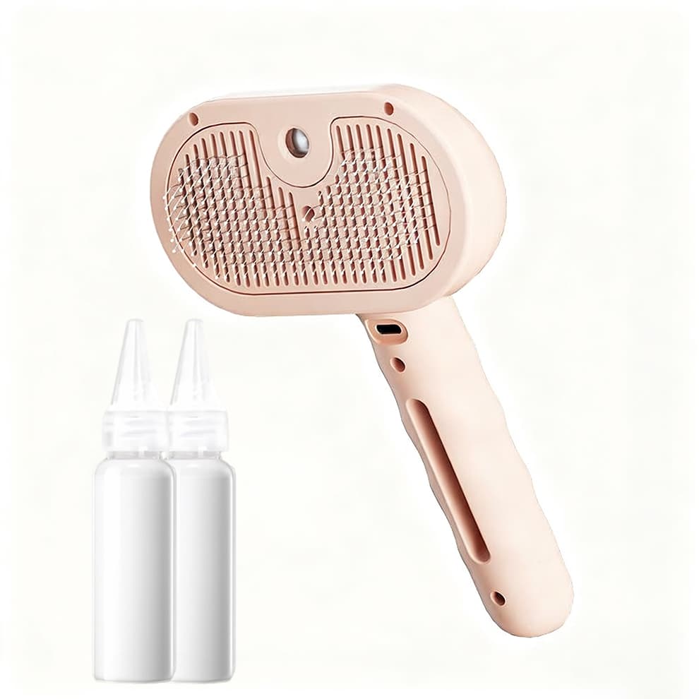 Pink pet steam brush with two cleaning liquid bottles for grooming