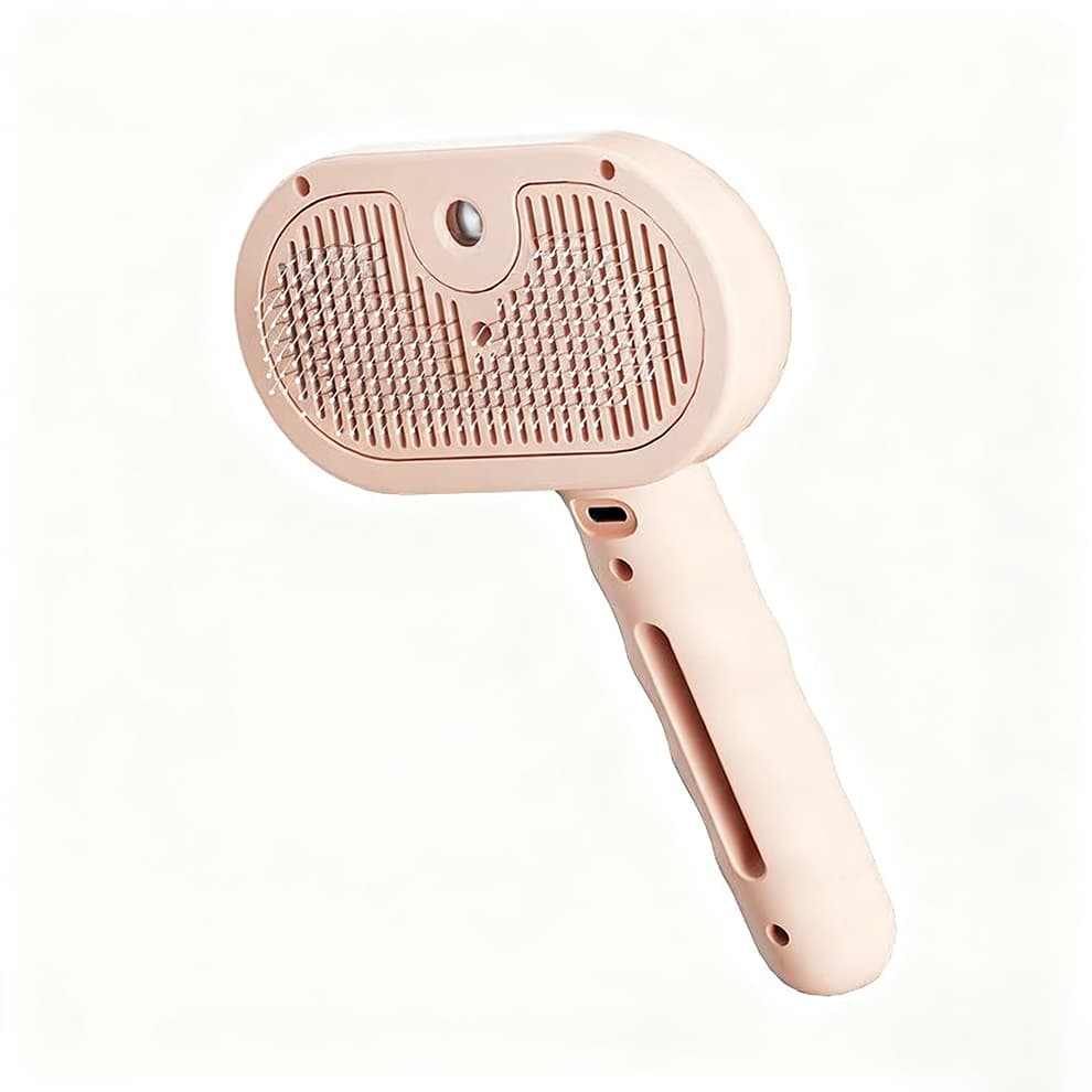 Pink pet steam brush for dog and cat grooming