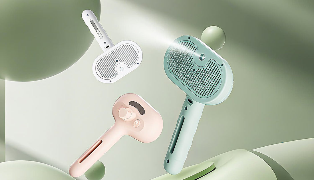 Pet steam brush in green, pink, and white colors showing product design
