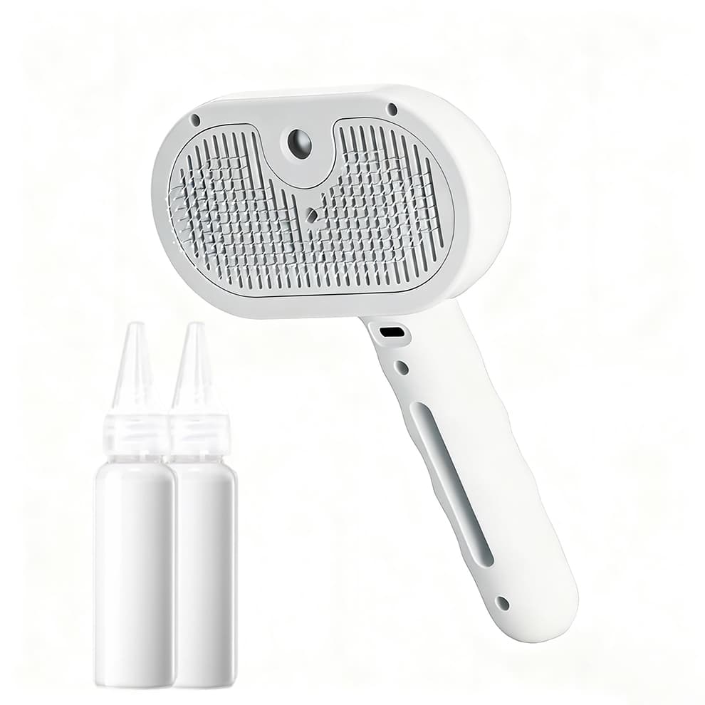 White pet steam brush with two bottles of cleaning solution