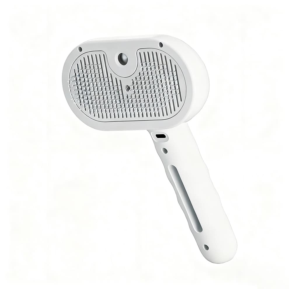 White pet steam brush designed for gentle grooming