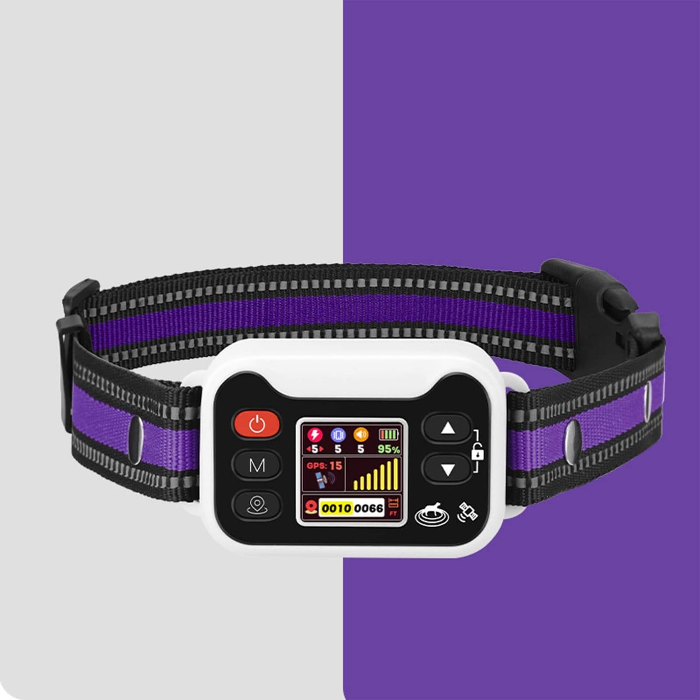 GPS dog fence collar with LCD display, white case, and purple strap