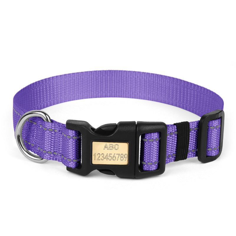 Nylon dog collar in purple with reflective double-line stitching and adjustable tri-glide buckle