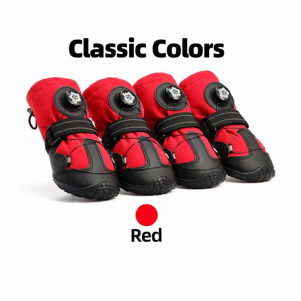 Set of 4 vibrant Red Waterproof Dog Boots with dial fit system, offering high visibility for snow and outdoor safety.