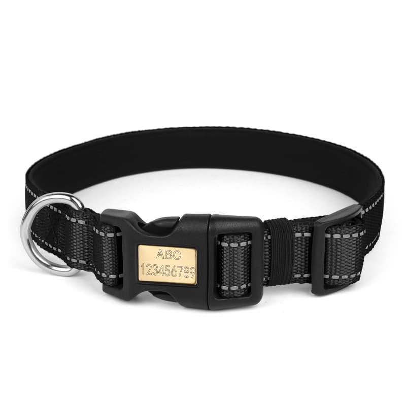 Reflective dog collar black adjustable personalized with engraved name buckle
