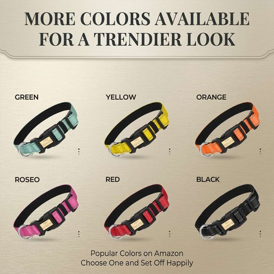 Reflective dog collar color options including green, yellow, orange, roseo, red, and black to match your pet's unique trendy look.