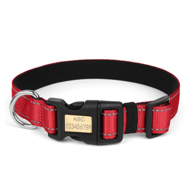 Reflective dog collar red adjustable personalized with engraved name buckle