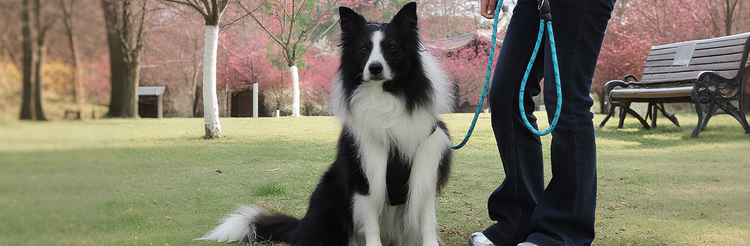 Lake blue reflective dog leash used for safe outdoor walking