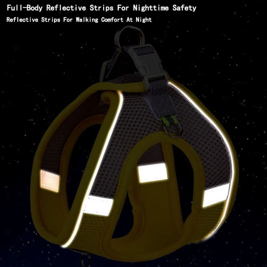 Reflective small dog harness showing full-body strips for safe walking at night