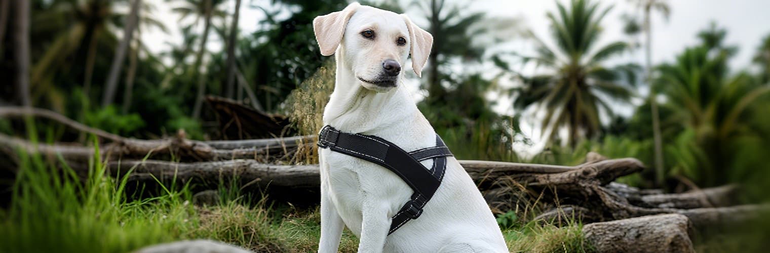 Large dog wearing saddle bag harness for dogs with reflective safety design outdoors