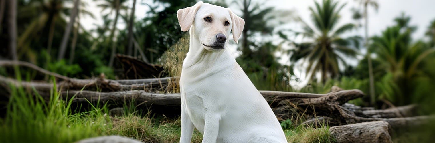 Dog without saddle bag harness for dogs shown in outdoor setting before using harness