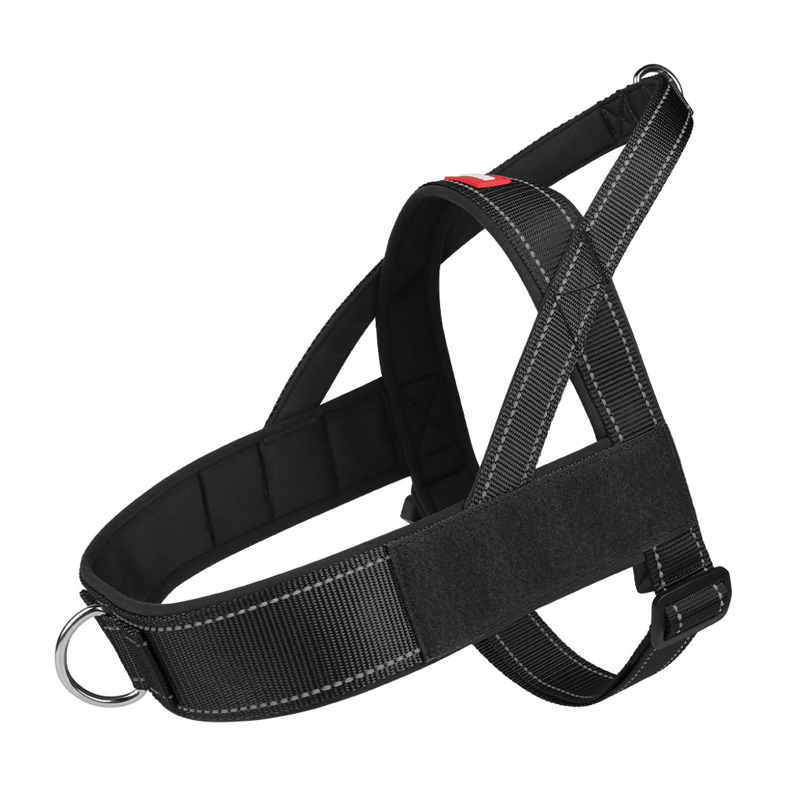 Black tactical harness with durable nylon straps and metal D-ring