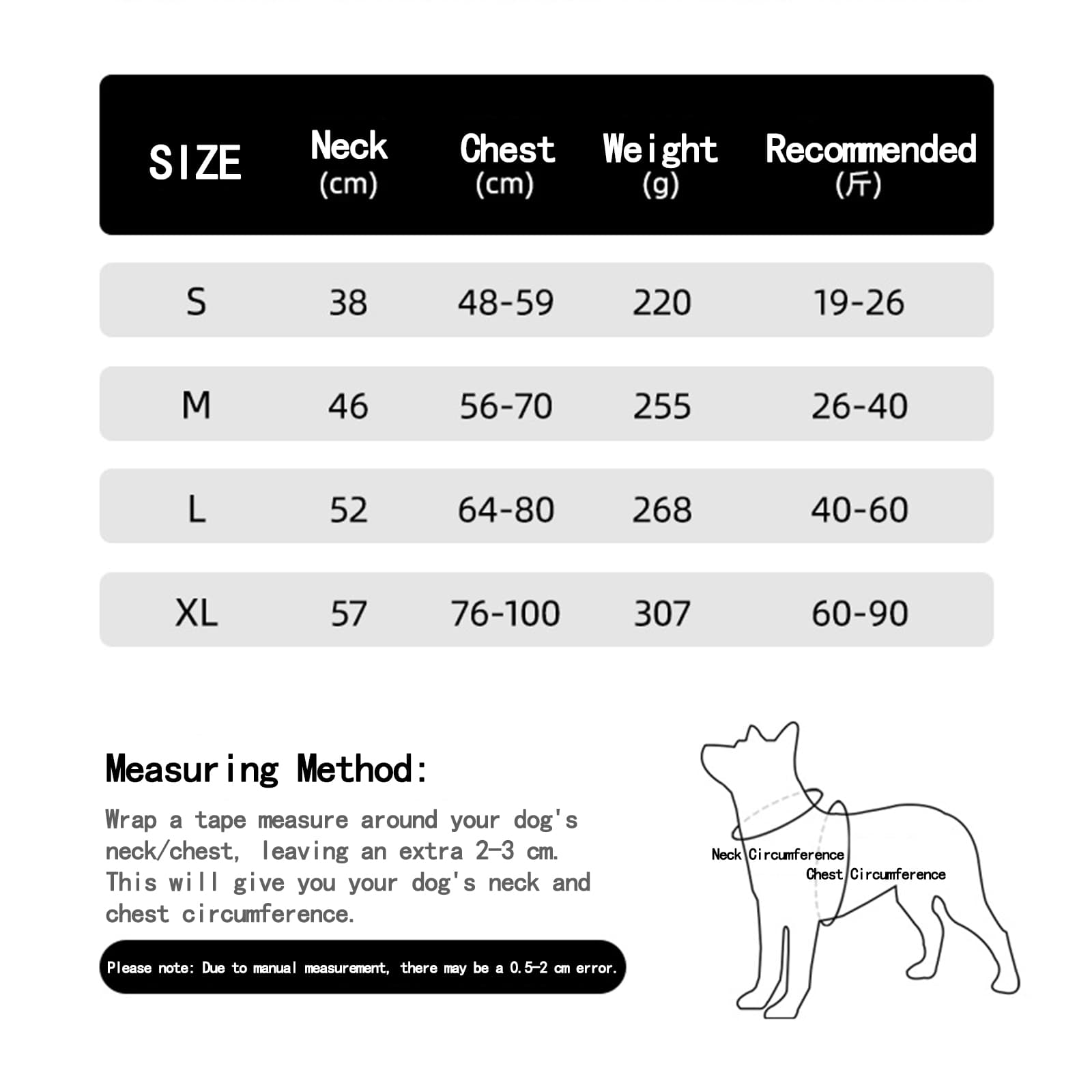 Size chart of saddle bag harness for dogs with neck chest weight and measuring method