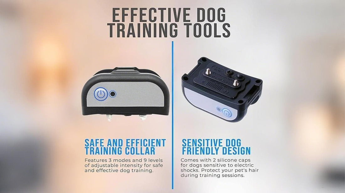 Close-up of wireless dog training collar with silicone protection caps and adjustable intensity modes
