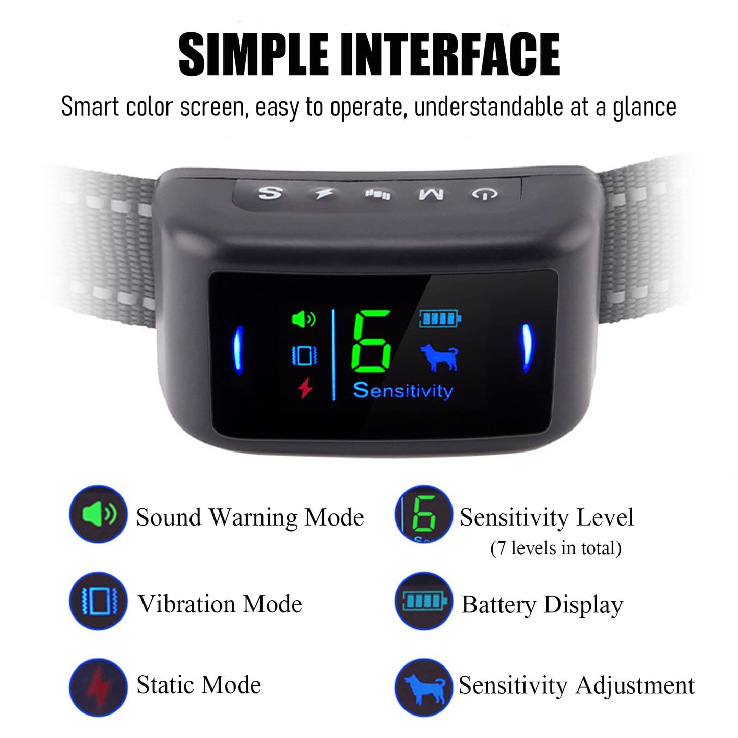Dog bark collar LCD screen showing sound, vibration, static correction, and battery indicator