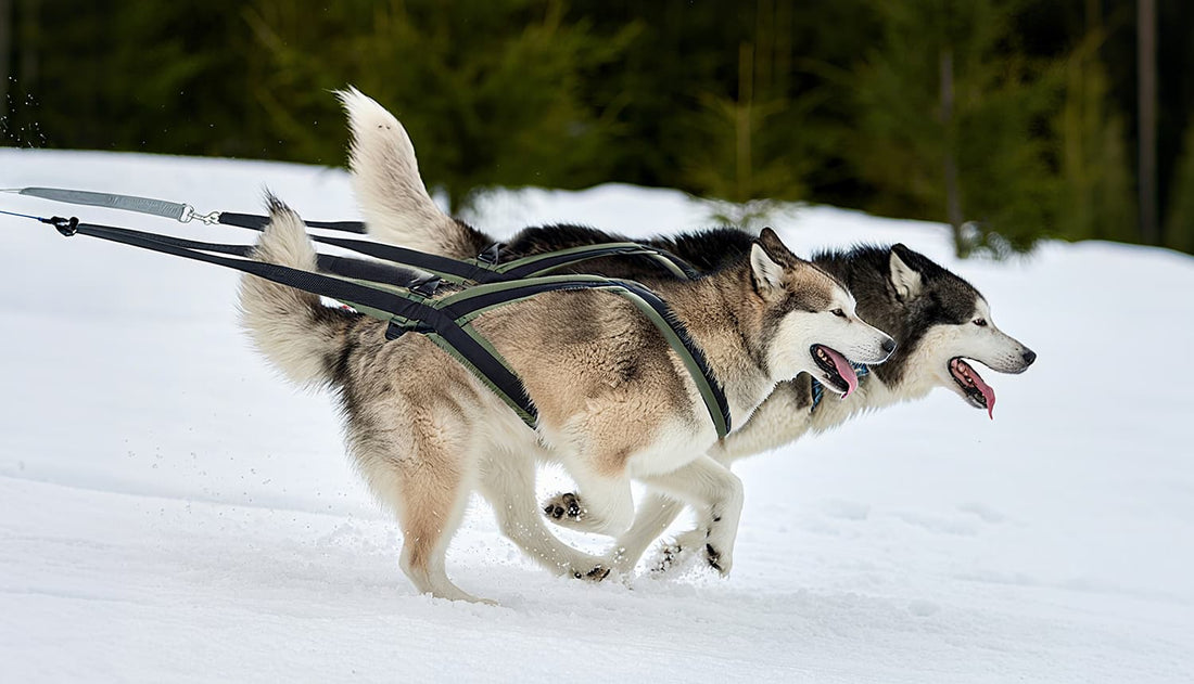 Two huskies wearing sled dog harness running in snow