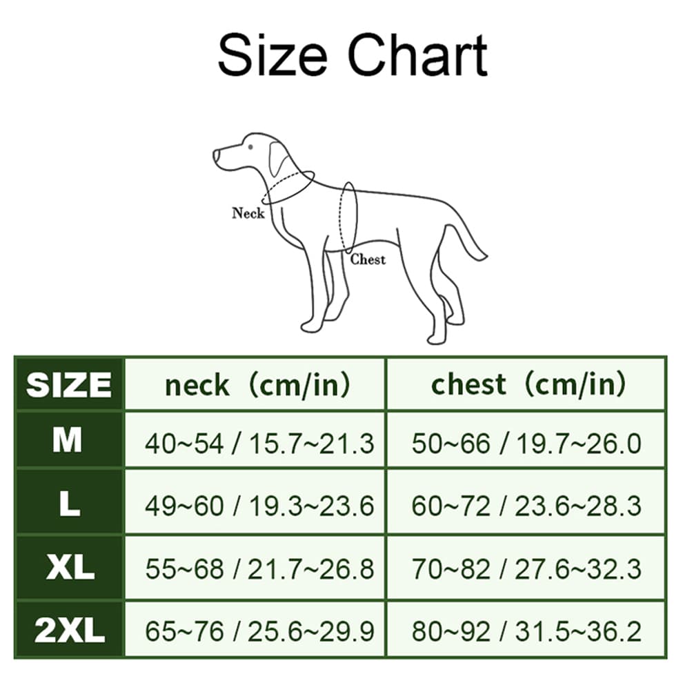 Size chart of sled dog harness showing neck and chest measurements for medium to XXL dogs