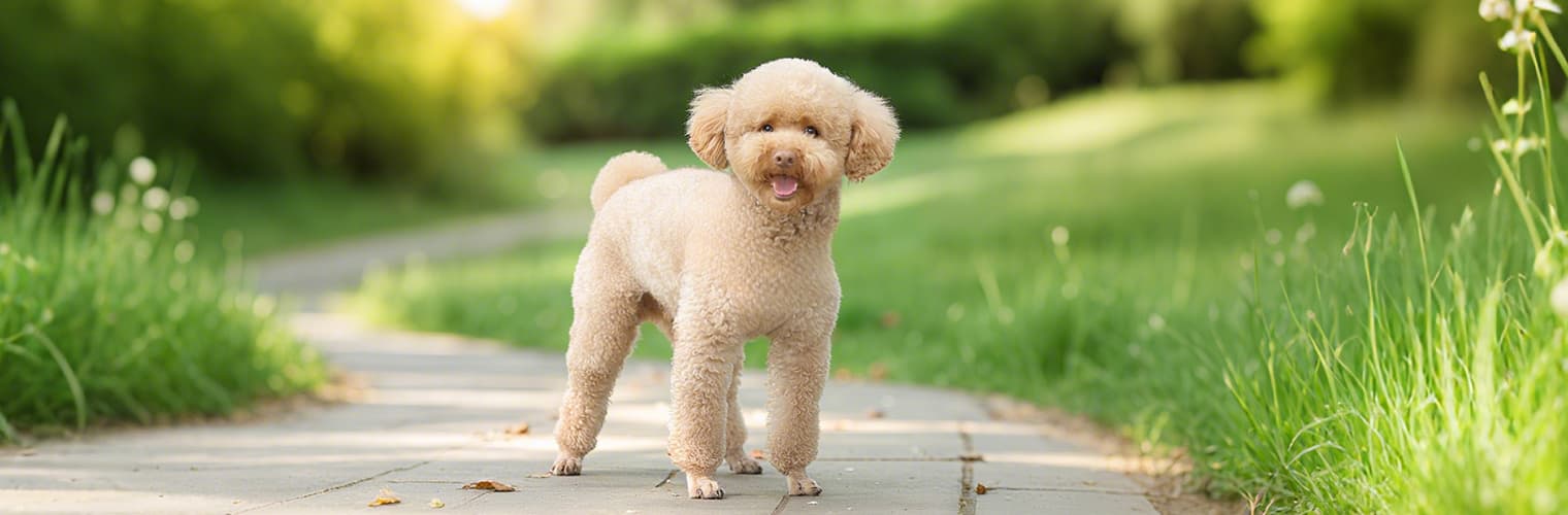 Small poodle outdoors before wearing the turquoise small dog harness and leash set