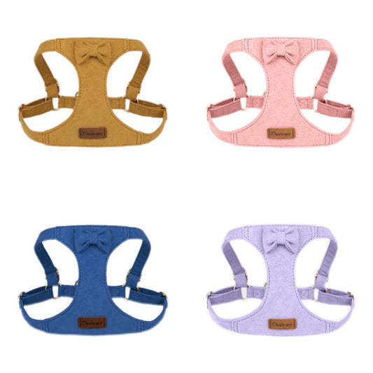 Small dog harness and leash in four color options – pink, blue, purple, and yellow