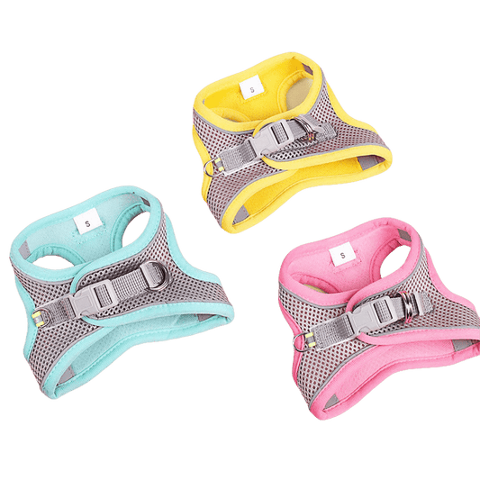 Small dog harness and leash set in yellow, blue, and pink breathable mesh vests