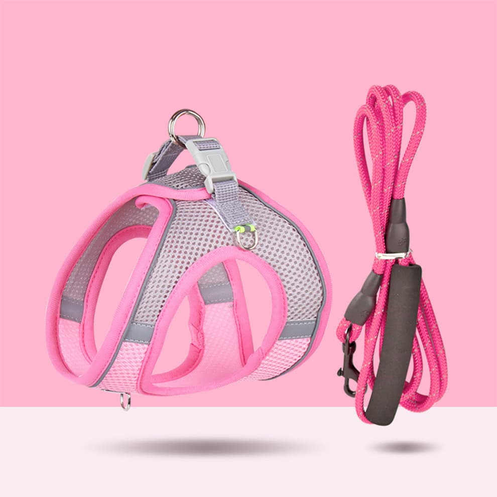 Pink small dog harness in breathable mesh with reflective 2m or 3m round rope leash