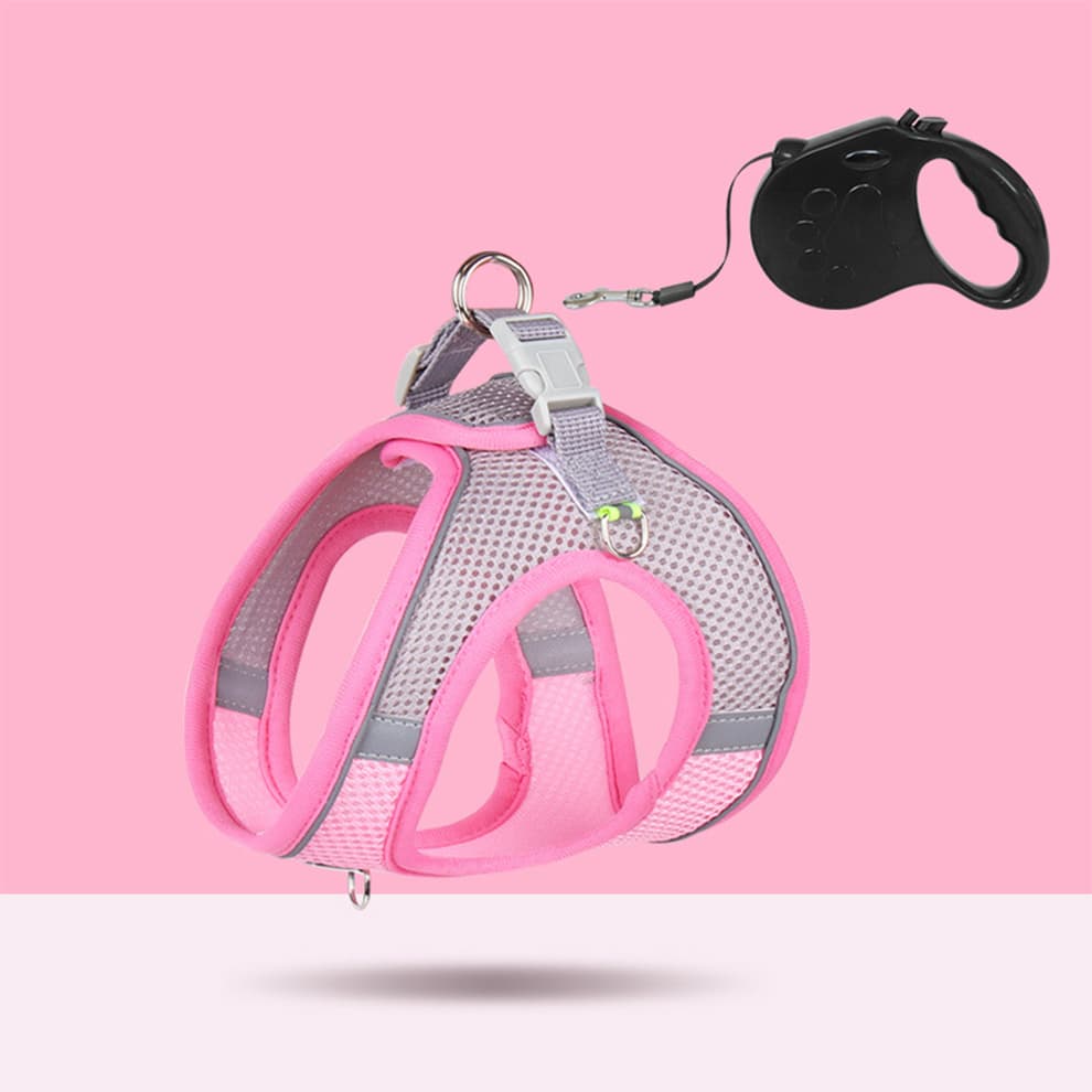 Pink small dog harness in breathable mesh with reflective trim and 5m retractable leash