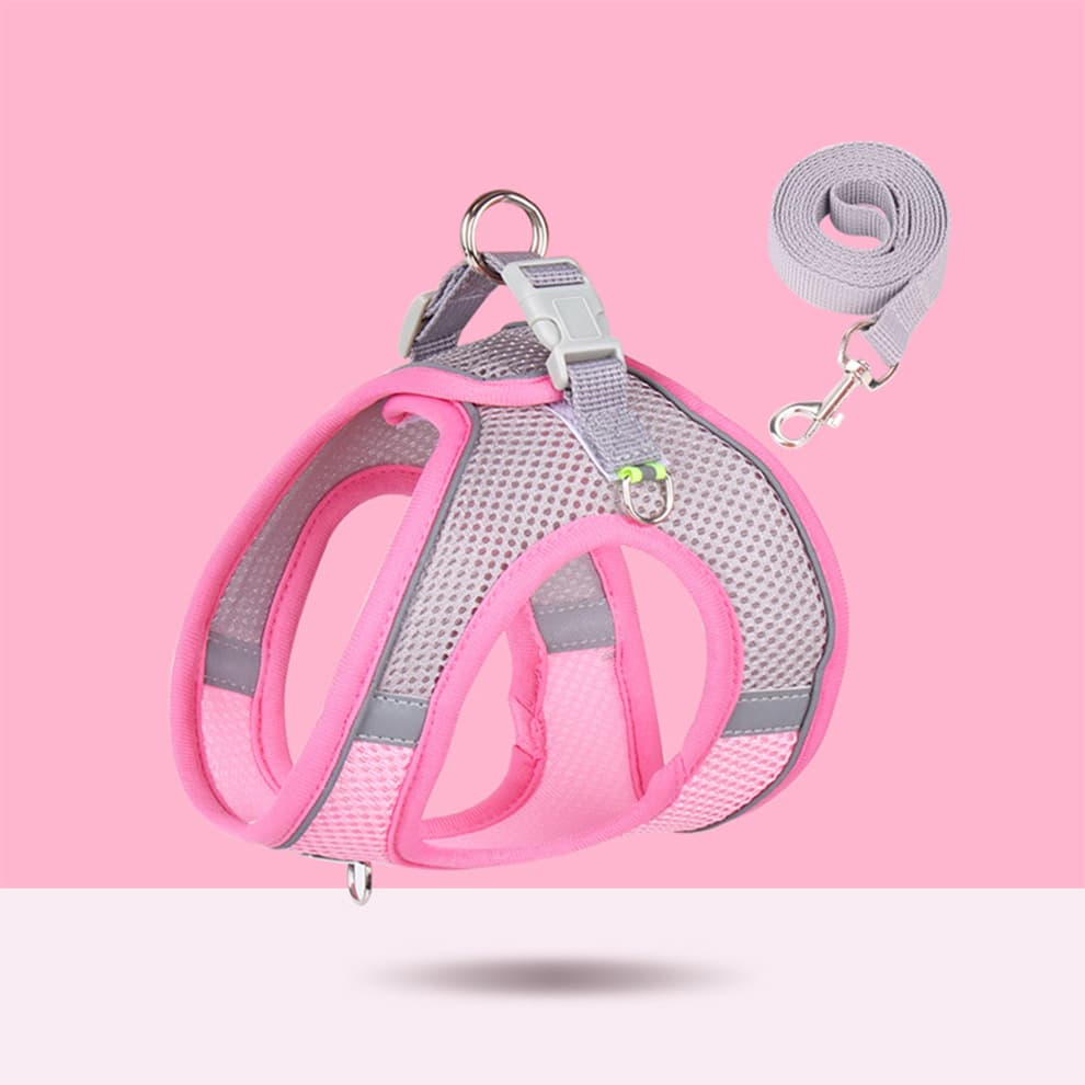 Pink small dog harness with breathable mesh fabric and 1.5m flat leash