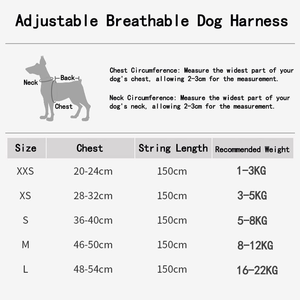 Size chart for small dog harness with chest measurements and recommended weights