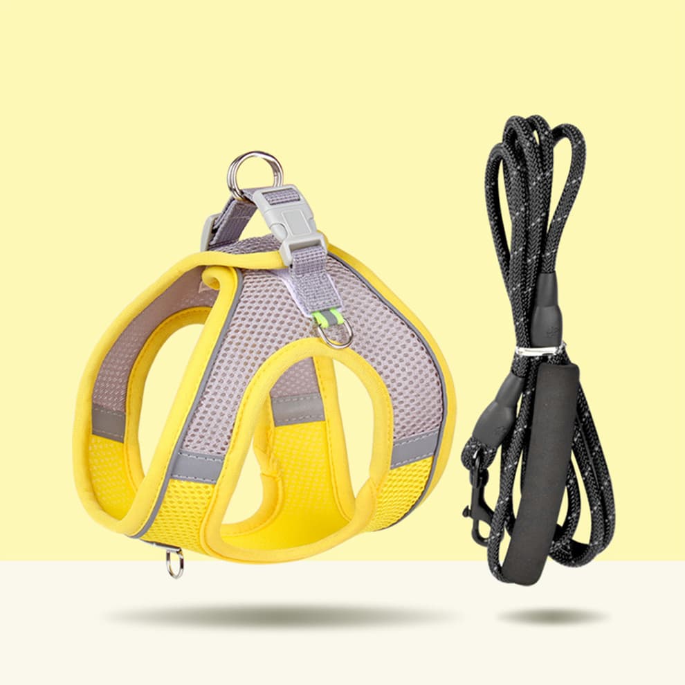 Yellow small dog harness with secure buckle and reflective round rope leash, 2m or 3m option