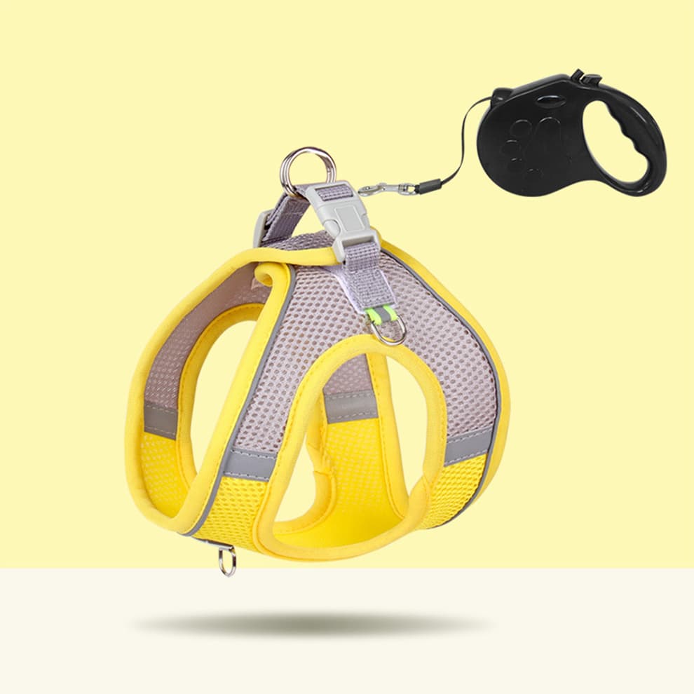 Yellow small dog harness featuring secure buckle and 5m retractable walking leash